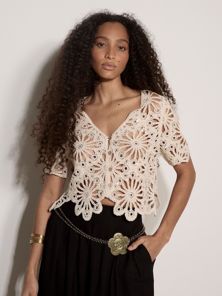 Apricot Natural Floral Sequin Crochet Cardigan - Image 1 of 4