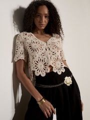 Apricot Natural Floral Sequin Crochet Cardigan - Image 3 of 4