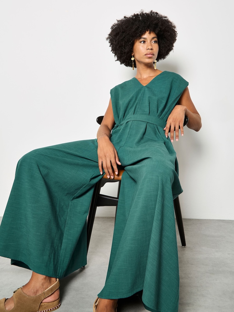 Apricot Green Cotton Blend Wide-Leg Jumpsuit - Image 1 of 4