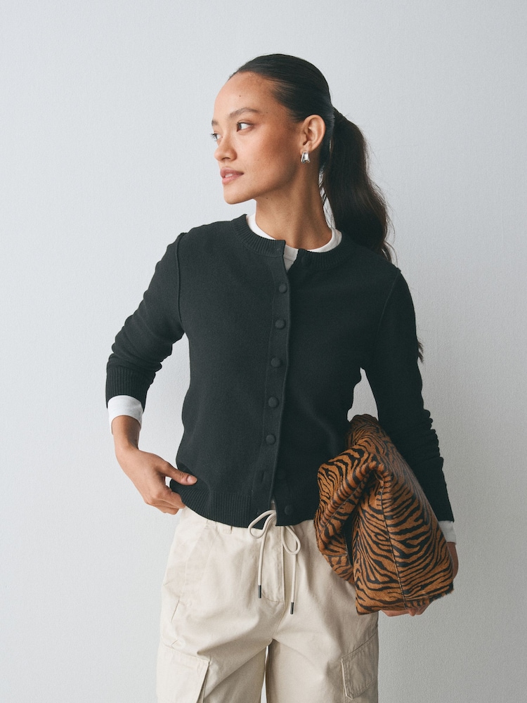 Black Supersoft Crew Neck Long Sleeve Cardigan - Image 2 of 5 Black Supersoft Crew Neck Long Sleeve Cardigan - Image 2 of 5