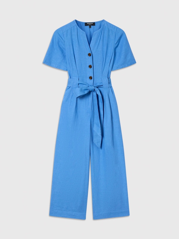 Whistles Blue Fiona Linen Button Jumpsuit - Image 5 of 5