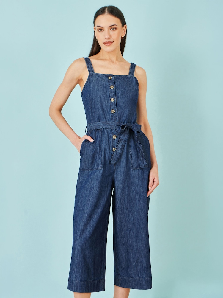 Yumi Dark Blue Chambray Button Through Jumpsuit - Image 5 of 5
