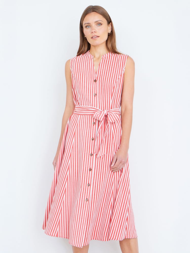 Yumi Red Stripe Midi Sleeveless Shirt Dress - Image 2 of 4 Yumi Red Stripe Midi Sleeveless Shirt Dress - Image 2 of 4