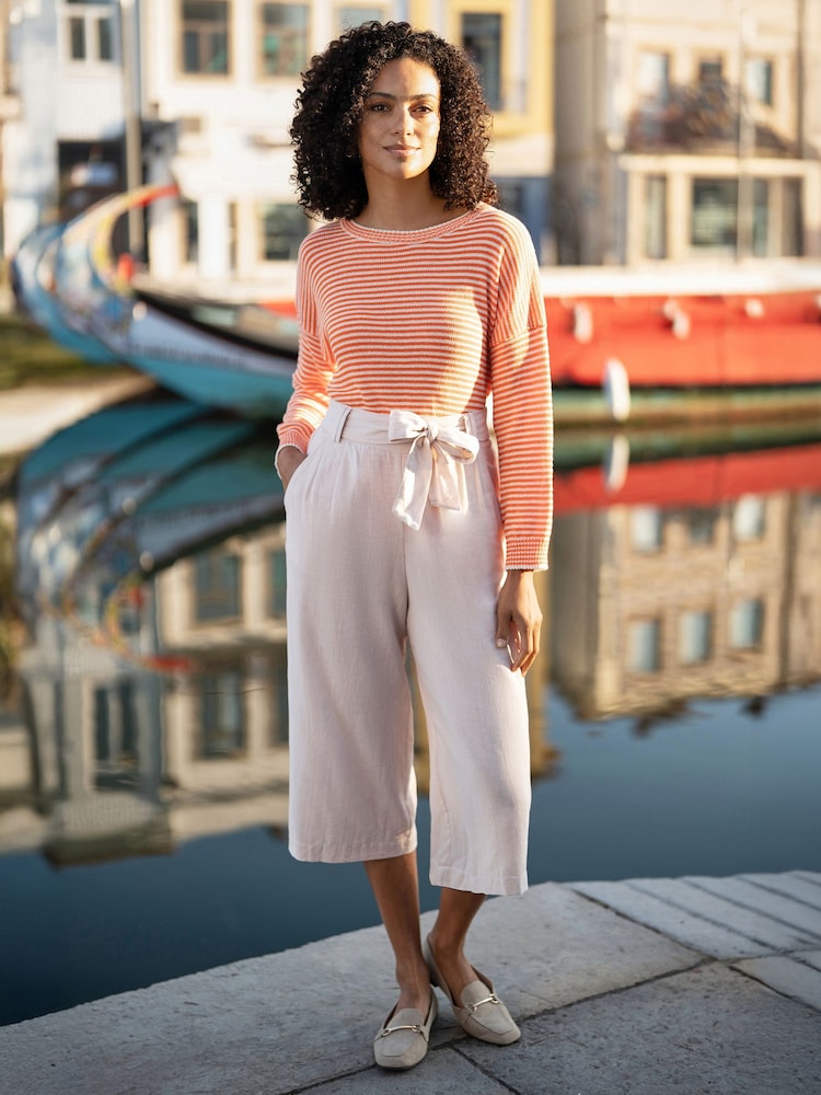 Yumi Natural Linen Mix Cropped Trousers With Tie Belt - Image 1 of 5