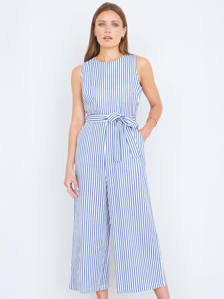 Yumi Blue Cotton Stripe Culotte Jumpsuit - Image 2 of 4