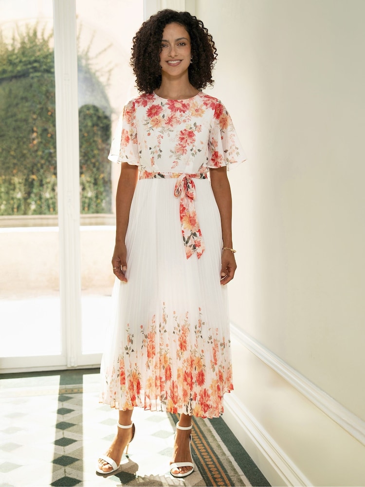 Yumi White Mirror Floral Design Pleated Midi Dress - Image 1 of 5