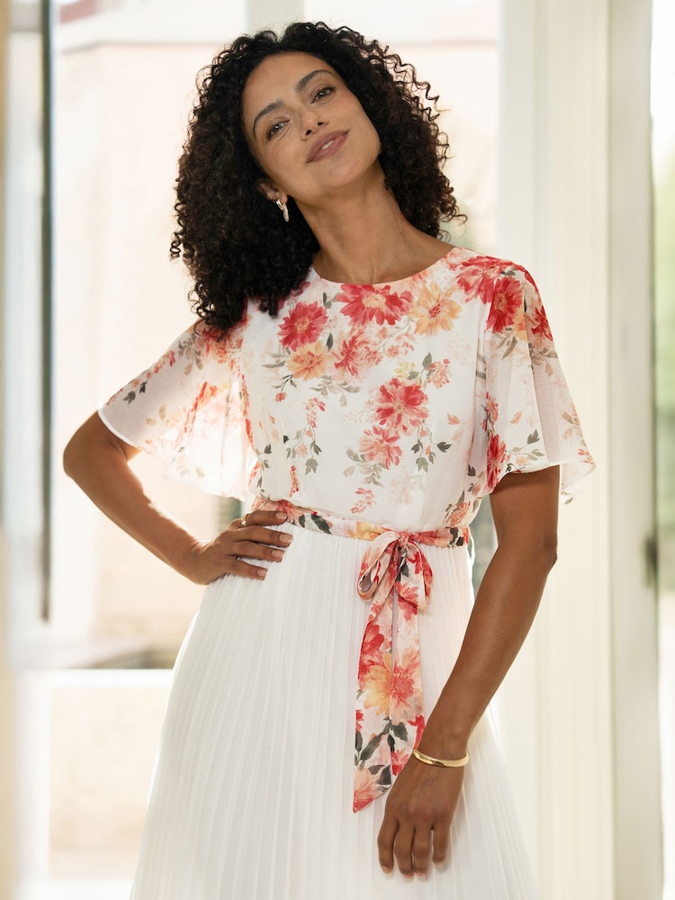 Yumi White Mirror Floral Design Pleated Midi Dress - Image 2 of 5