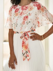 Yumi White Mirror Floral Design Pleated Midi Dress - Image 3 of 5