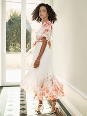 Yumi White Mirror Floral Design Pleated Midi Dress - Image 5 of 5