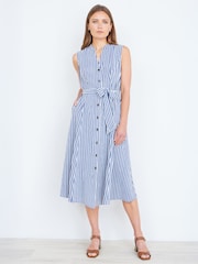 Yumi Blue Stripe Midi Sleeveless Shirt Dress - Image 1 of 4