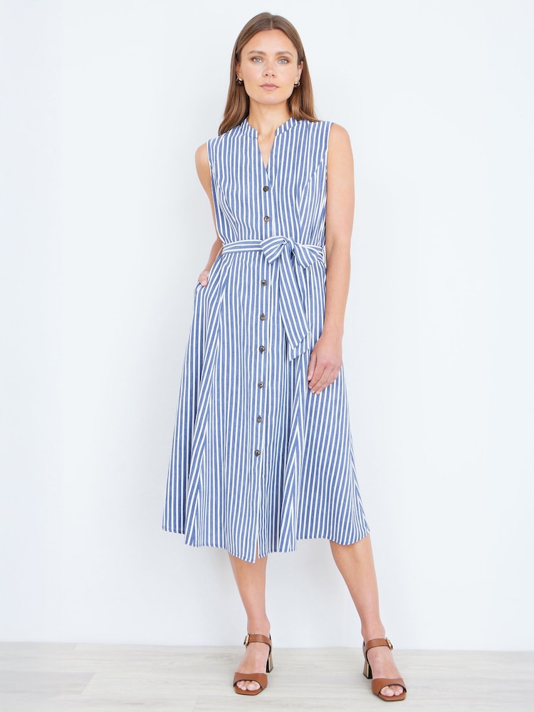 Yumi Blue Stripe Midi Sleeveless Shirt Dress - Image 1 of 4