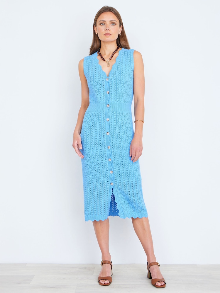 Yumi Blue Scallop Edge Crochet Knitted Midi Dress - Image 1 of 5