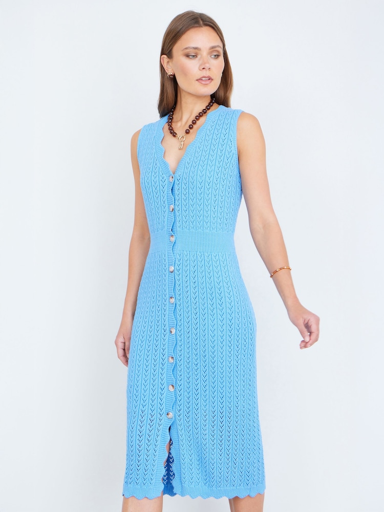 Yumi Blue Scallop Edge Crochet Knitted Midi Dress - Image 2 of 5