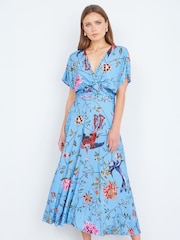Yumi Blue Viscose Bird And Floral Print Midi Dress With Ruched Waist - Image 2 of 4