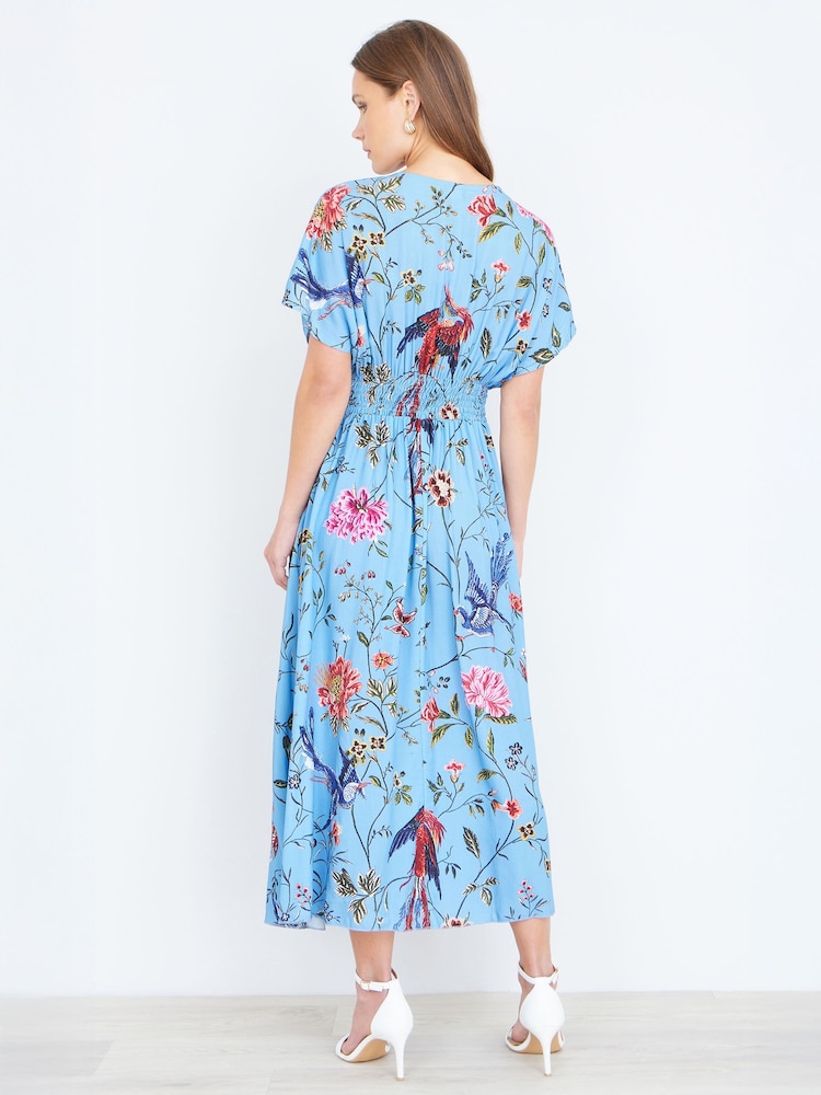 Yumi Blue Viscose Bird And Floral Print Midi Dress With Ruched Waist - Image 4 of 4 Yumi Blue Viscose Bird And Floral Print Midi Dress With Ruched Waist - Image 4 of 4