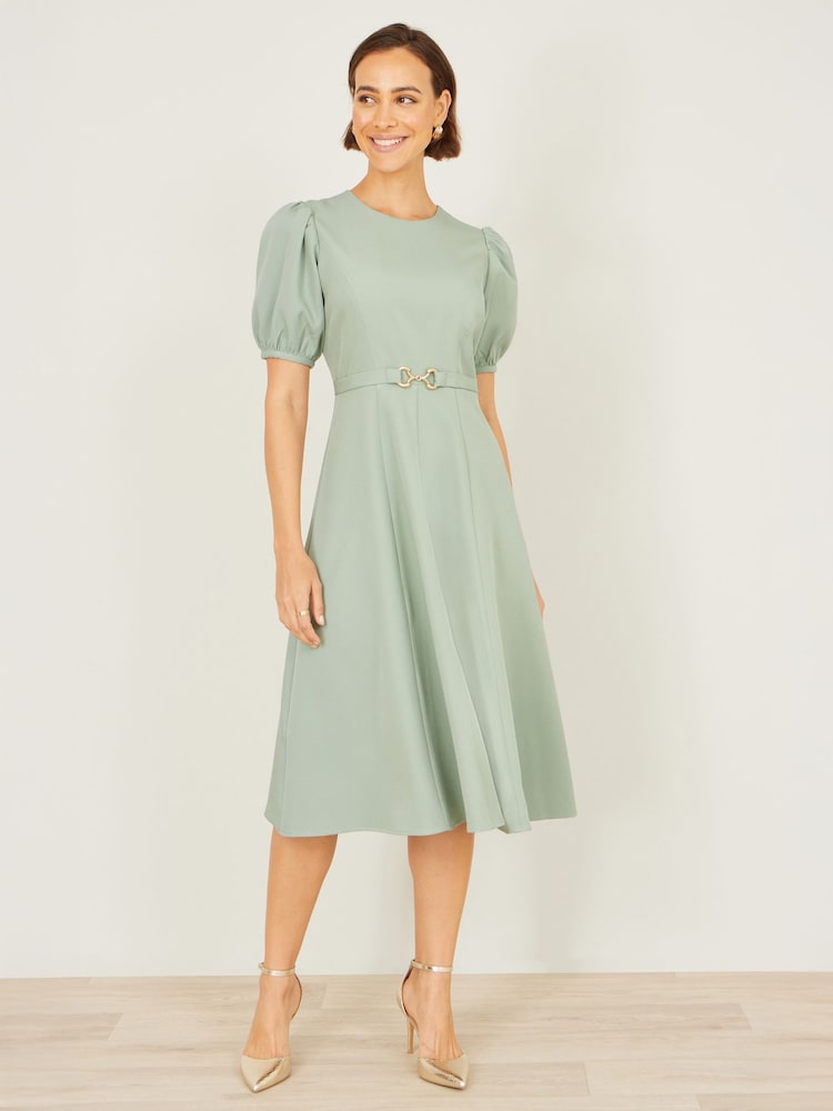Yumi Green Skater Dress With Puff Sleeves And Buckle Detail - Image 1 of 4