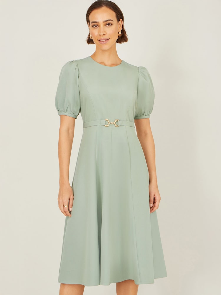 Yumi Green Skater Dress With Puff Sleeves And Buckle Detail - Image 2 of 4