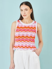 Yumi Orange Stripe Crochet Stripe Vest Top - Image 1 of 4