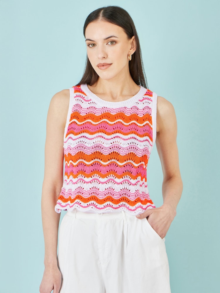 Yumi Orange Stripe Crochet Stripe Vest Top - Image 1 of 4