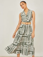 Yumi Green Viscose Geo Print Midi Shirt Dress With Matching Belt - Image 1 of 4