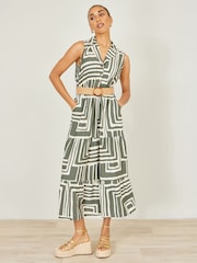 Yumi Green Viscose Geo Print Midi Shirt Dress With Matching Belt - Image 2 of 4