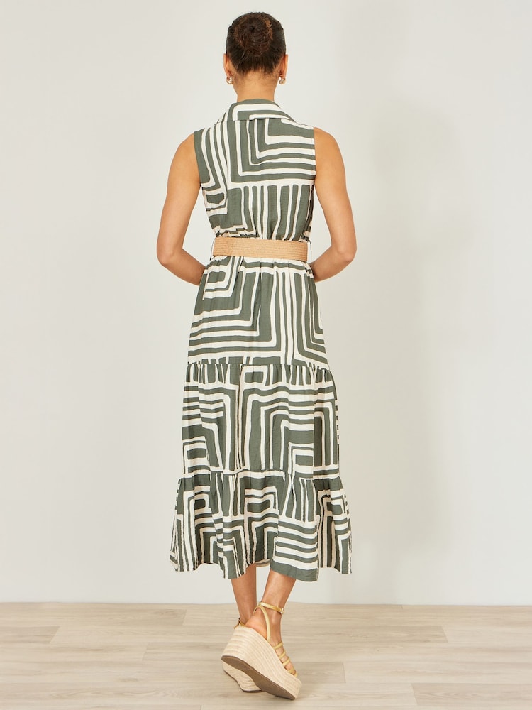 Yumi Green Viscose Geo Print Midi Shirt Dress With Matching Belt - Image 4 of 4