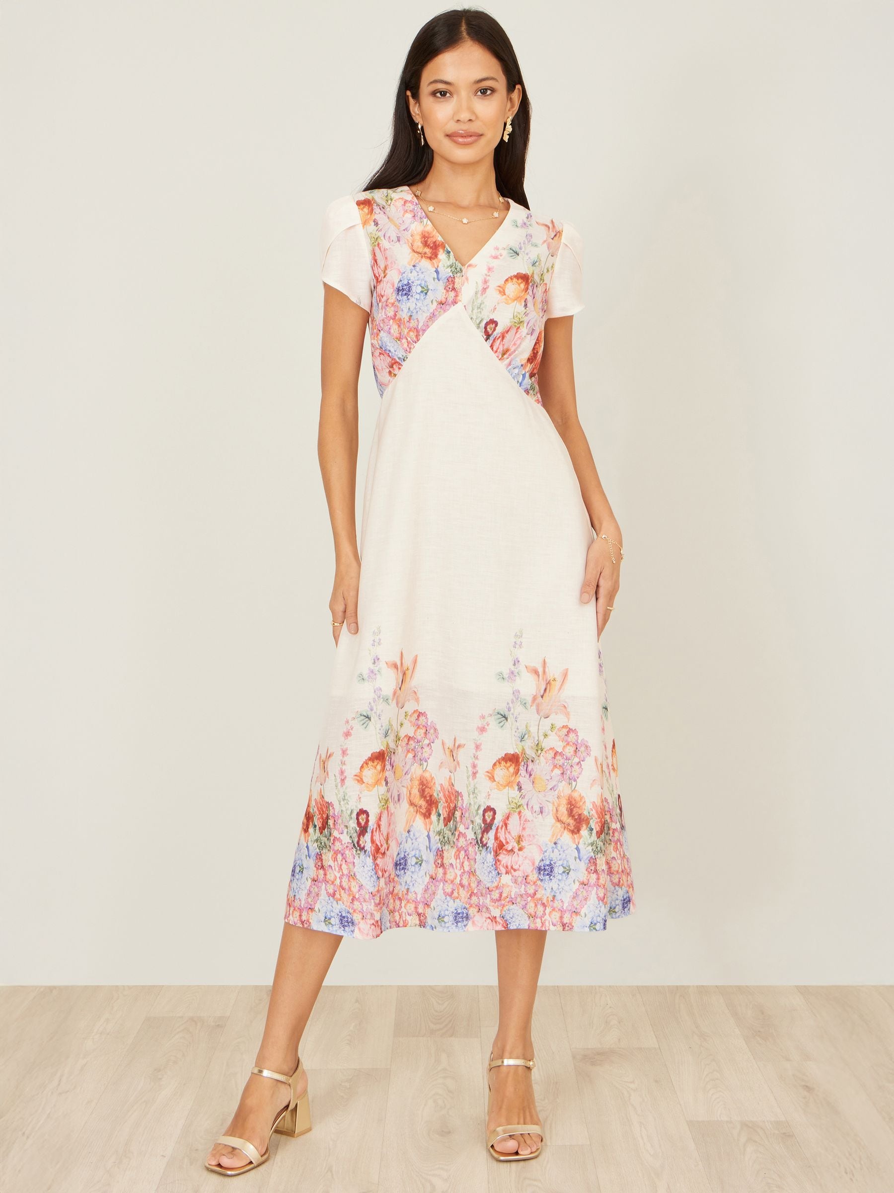 Yumi Women's Cream Pink Border Floral Midi Dress In Size 16 - Image 3