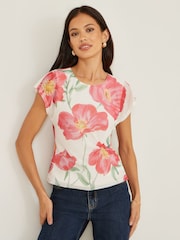 Yumi Cream Poppy Print Mesh Blouse - Image 1 of 4