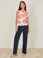 Yumi Cream Poppy Print Mesh Blouse - Image 2 of 4