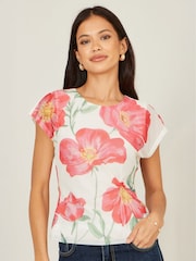 Yumi Cream Poppy Print Mesh Blouse - Image 3 of 4