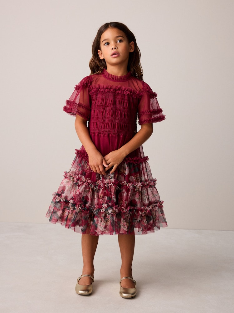 Laura Ashley Red Floral Mesh Tier Dress - Image 1 of 5