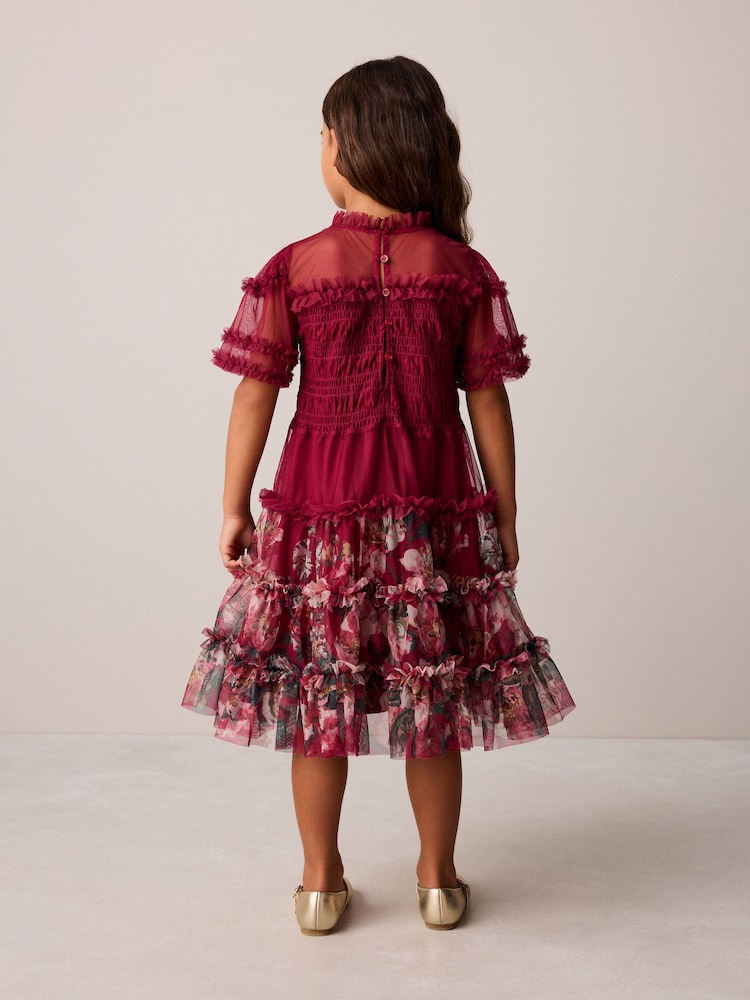 Laura Ashley Red Floral Mesh Tier Dress - Image 2 of 5