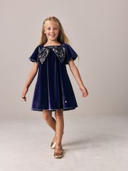 Laura Ashley Navy Velvet Sequin Bow Dress - Image 1 of 8