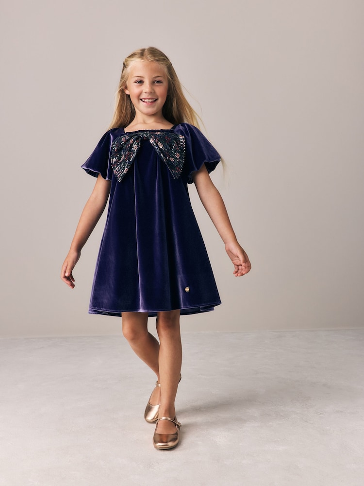 Laura Ashley Navy Velvet Sequin Bow Dress - Image 1 of 8