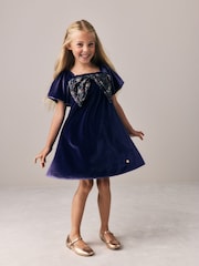 Laura Ashley Navy Velvet Sequin Bow Dress - Image 2 of 8