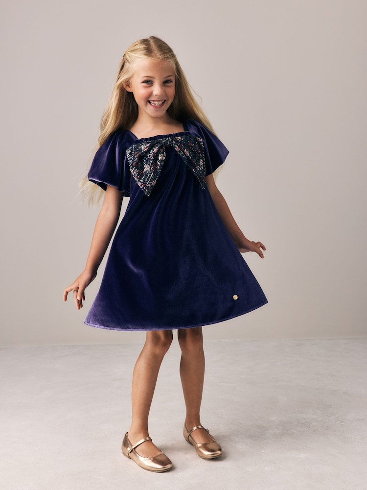 Laura Ashley Navy Velvet Sequin Bow Dress - Image 2 of 8
