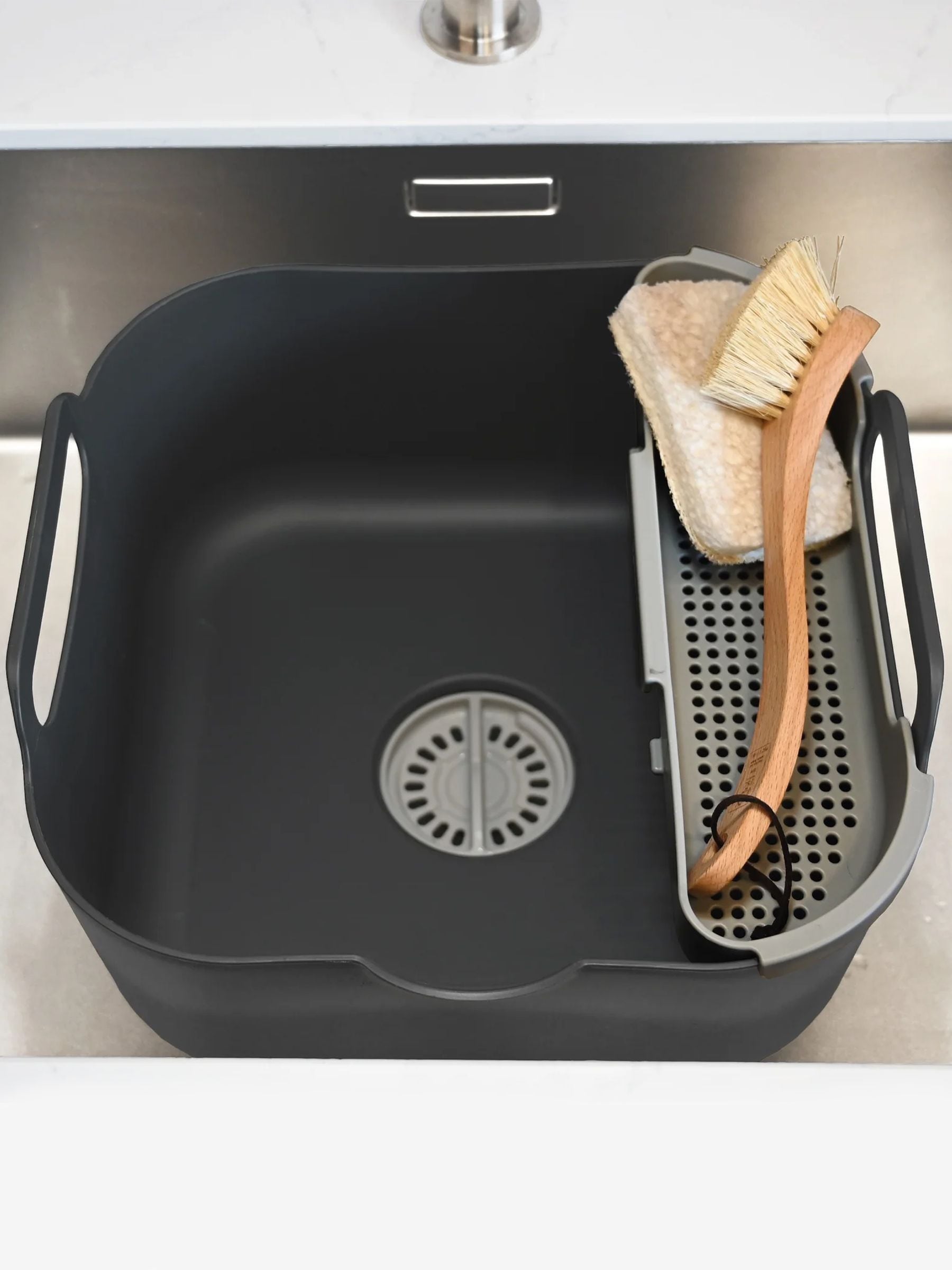 ReBorn Recycled Washing Up Bowl Pro 9L Kitchen Large Made in UK - Dark Grey | 9L bowl plus multipurpose drainer, large carry handles, integrated plug, pour spout, made from 100% recycled plastic - Image 2