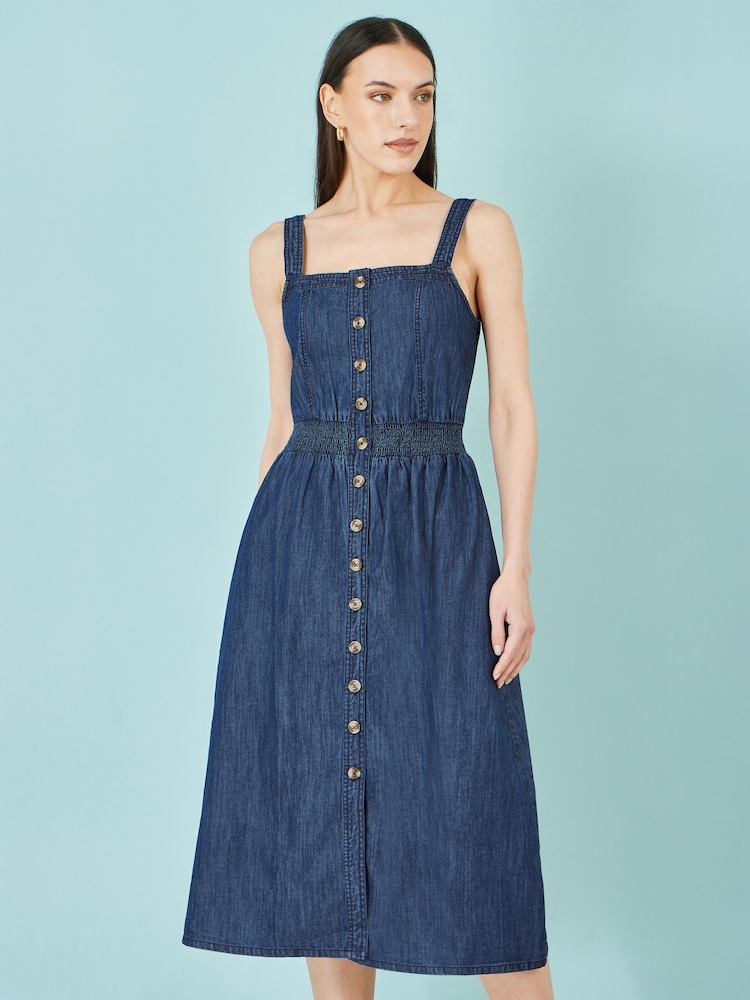 Yumi Chambray Cotton Ruched Midi Sun Dress - Image 1 of 3