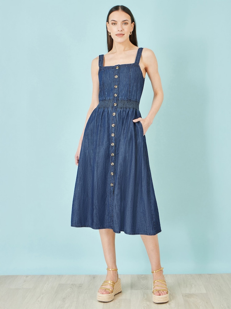 Yumi Chambray Cotton Ruched Midi Sun Dress - Image 2 of 3