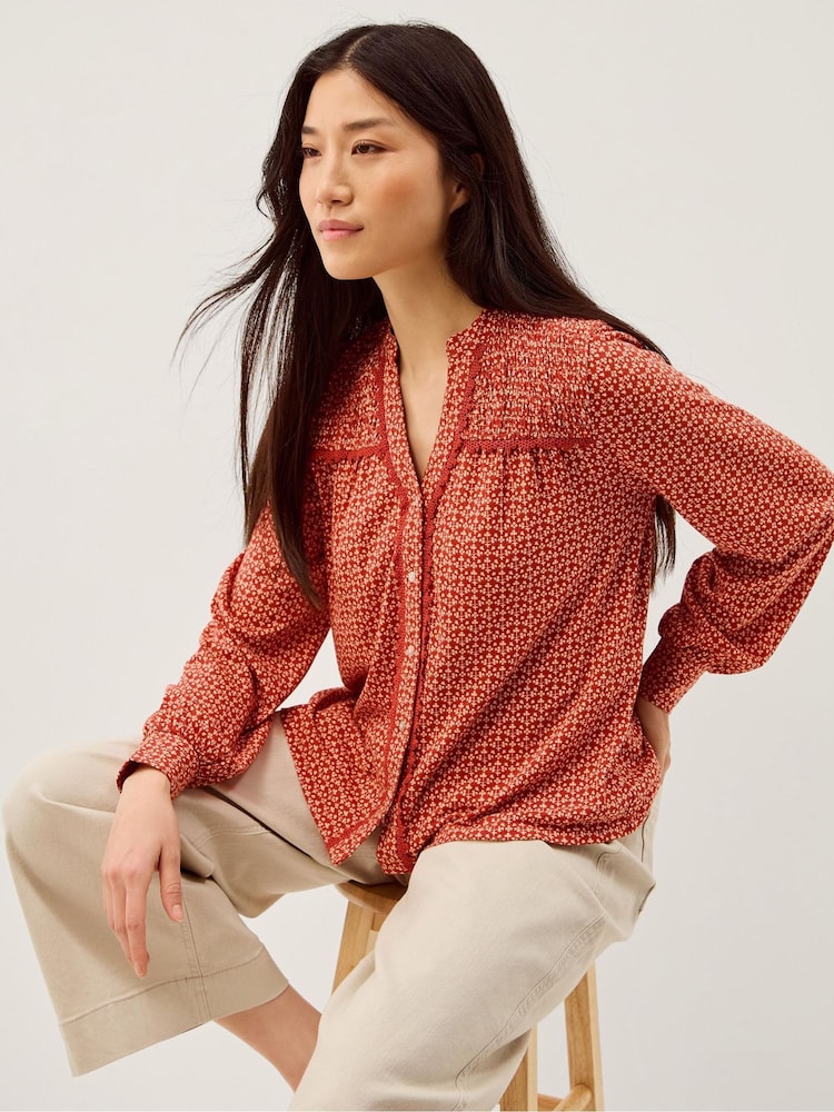 Monsoon Palmer Print Smocked Jersey Top - Imaginea 1 din 5