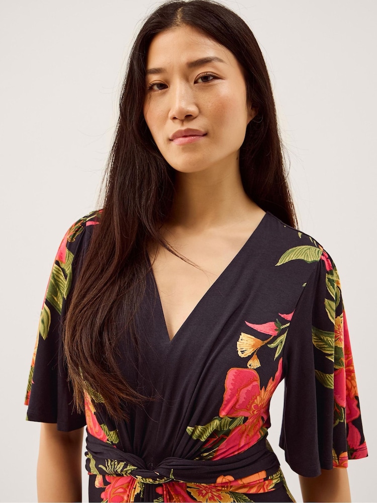 moana midi dress Womens Monsoon Navy Moana V-Neck Floral Print Short Sleeve Jersey Midi Dress XXL (US 16-18)