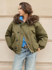 Cotton Nylon Padded Balloon Parka Jacket with Fur Hoodie - Imaginea 1 din 5
