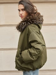 Cotton Nylon Padded Balloon Parka Jacket with Fur Hoodie - Imaginea 2 din 5