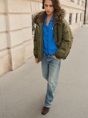 Cotton Nylon Padded Balloon Parka Jacket with Fur Hoodie - Imaginea 3 din 5
