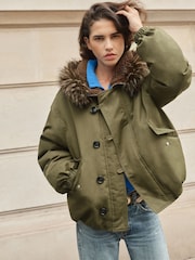 Cotton Nylon Padded Balloon Parka Jacket with Fur Hoodie - Imaginea 4 din 5