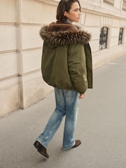 Cotton Nylon Padded Balloon Parka Jacket with Fur Hoodie - Imaginea 5 din 5