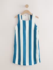 Blue/Ecru Linen Rich Square Neck Shift Mini Dress - Image 5 of 9