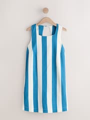 Blue/Ecru Linen Rich Square Neck Shift Mini Dress - Image 6 of 9