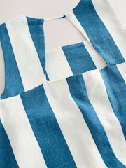 Blue/Ecru Linen Rich Square Neck Shift Mini Dress - Image 8 of 9