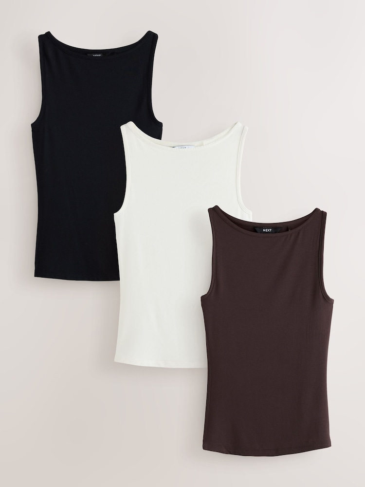 Black/Cream/Brown Modal Rich Boat Neck Vests 3 Pack - Image 1 of 10